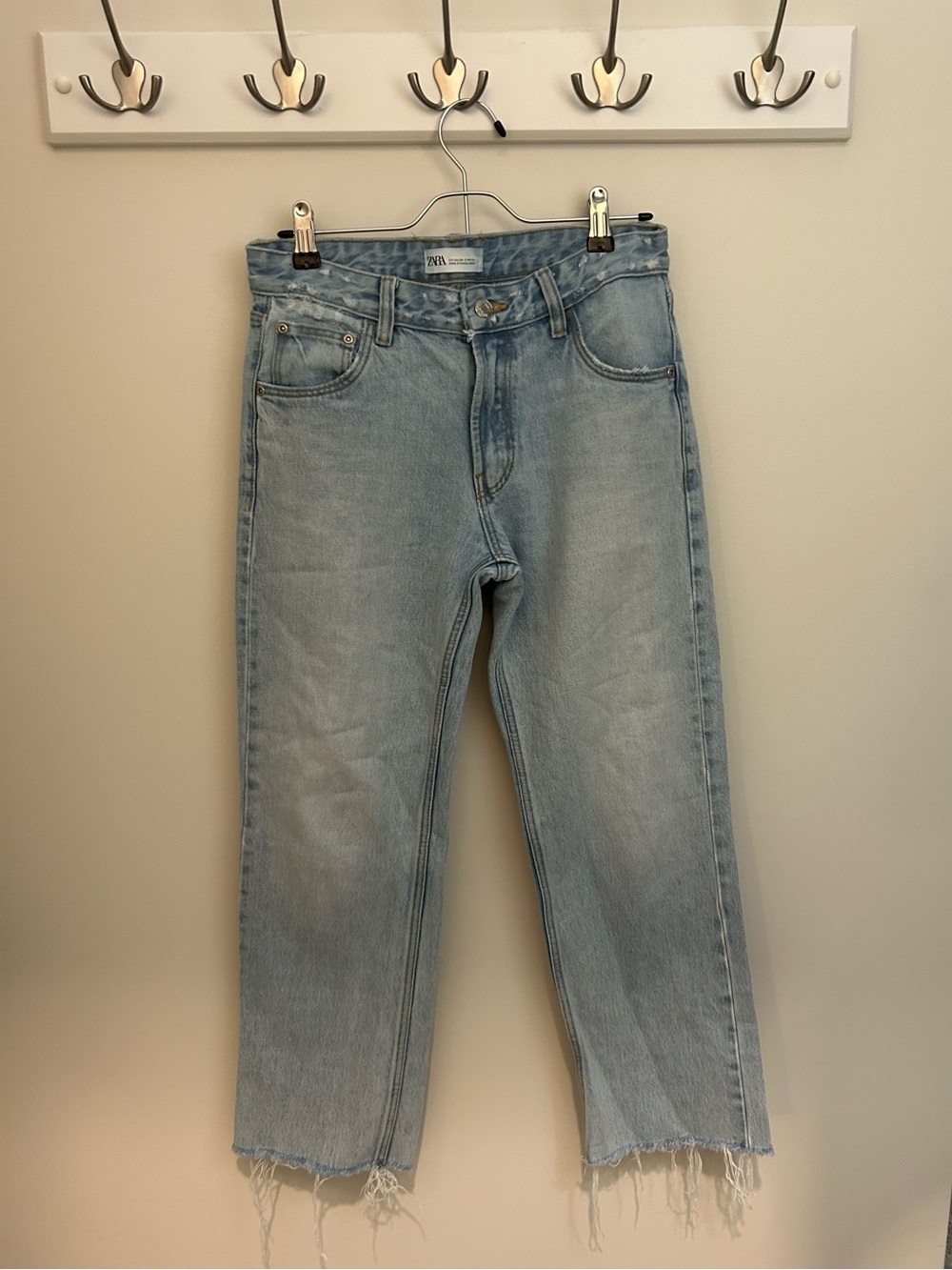 Zara Light Wash Straight Jeans with Frayed Hem